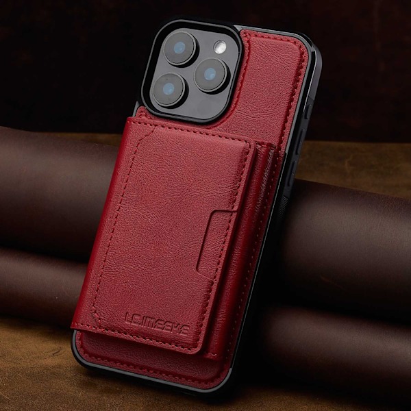 Kotelo iPhone 15 Prolle, punainen, business-tyylinen, magneettinen korttipidike, jalusta, RFID-suojaus
