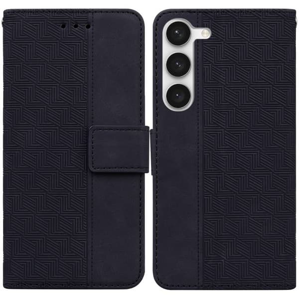 Etui til iPhone 14 PLUS sort Geometrisk Præget Soft-Touch Mixed Media Wallet med Kortholder Flip