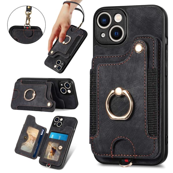 Etui til iPhone 13mini Sort [med lædersnor] RFID-blokerende Ring Kort Holder