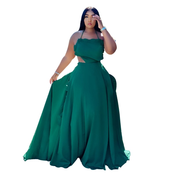 Ärmlös Halter Rufsig Spaghetti Straps Dress French Advanced Sexig Backless Slip Dress Peacock Green XL