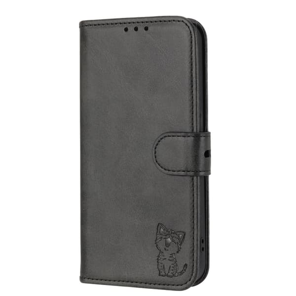 Etui til iPhone 16 svart Six Generation Kitten Embossed Cartoon Flip Plain
