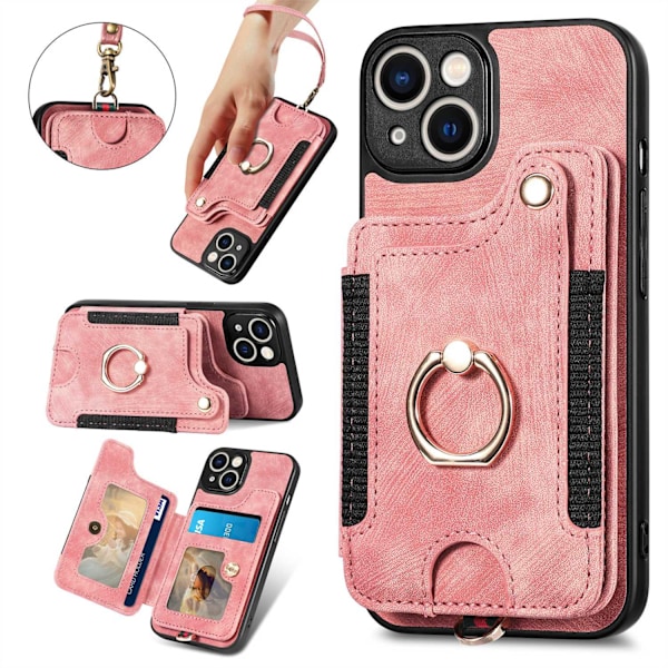 Etui til iPhone 14plus Rosa [med lærrem] RFID-blokkerende ringkortholder