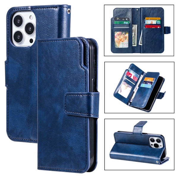 Etui til iPhone 16PRO MAX blå Ni Kort Pung med Kortholder Moderne Magnetisk Pung med Kortholder