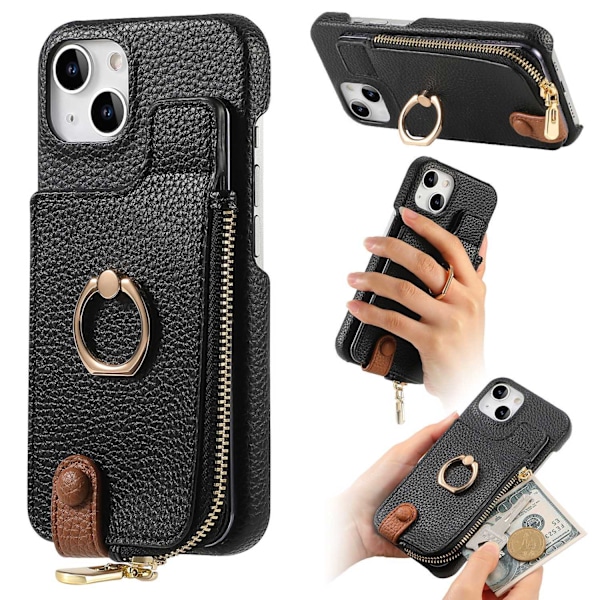 Etui til iPhone 14 sort Pebbled Plain Ring Wallet med kortholder
