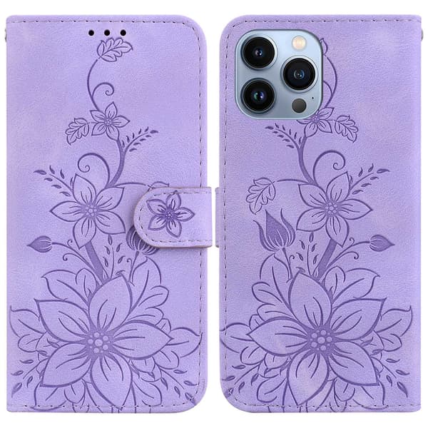 Etui til iPhone 15 Purple Lily Preget 3D-preget lommebok med kortholder