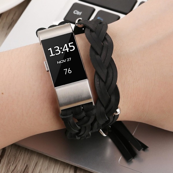 Musta Musta yhteensopiva Fitbit Charge 2 Weave -nahkakellon ranneke