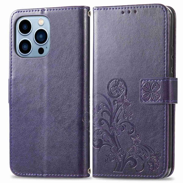 Etui til iPhone 14 Pro Lilla Firkløver 3D Præget Flip Wallet med Kortholder