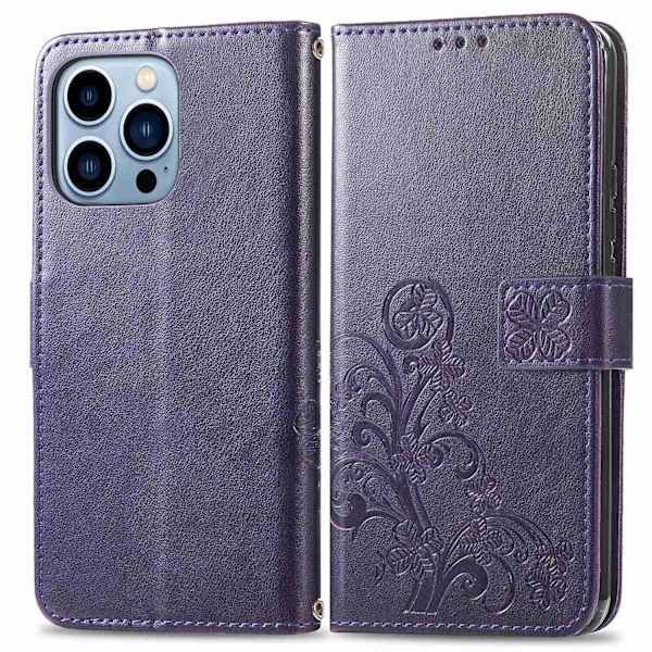 Kotelo iPhone 14 Prolle, violetti neliapila, 3D-kohokuvioitu läppälompakko korttipidikkeellä