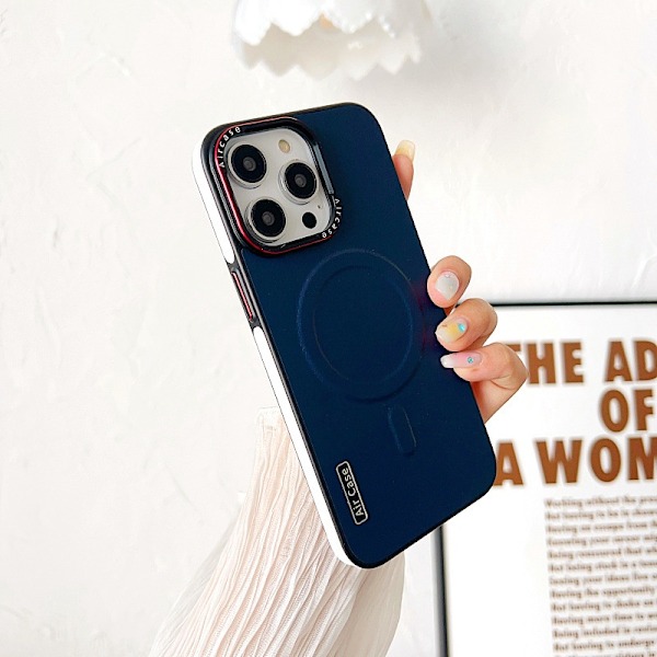 Kotelo iPhone 15Pro Max -puhelimelle, kuninkaallinen sininen nahka, magneettinen kontrastiväri