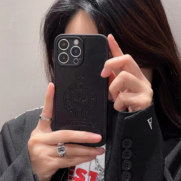 Etui til iPhone 13PRO Sort blomstret krom hjerte Klassisk presset læder Chrome Hearts Fuld-krops læder Tekstureret blød