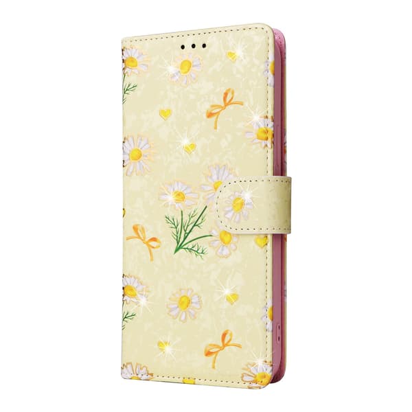 Etui til iPhone iPhone 13 mini Gul margueritpung med kortholder, flip med guldstempling og magnetisk multi-kort
