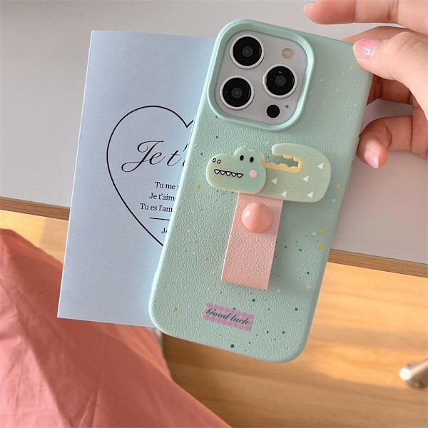 Fodral för iPhone 13 Grön bläck + krokodilring Söt 3D liten djur fingerring spänne lädertextur