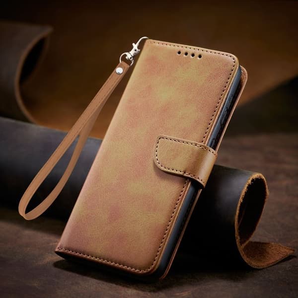 Fodral för iPhone 16ProMax Spänne med komönster [khaki] + läderrem i samma stil Flip utåt