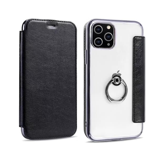 Etui til iPhone 14 Pro Max Svart (med ring) Flip Elektroplettering Ring Transparent Lommebok med Kortholder