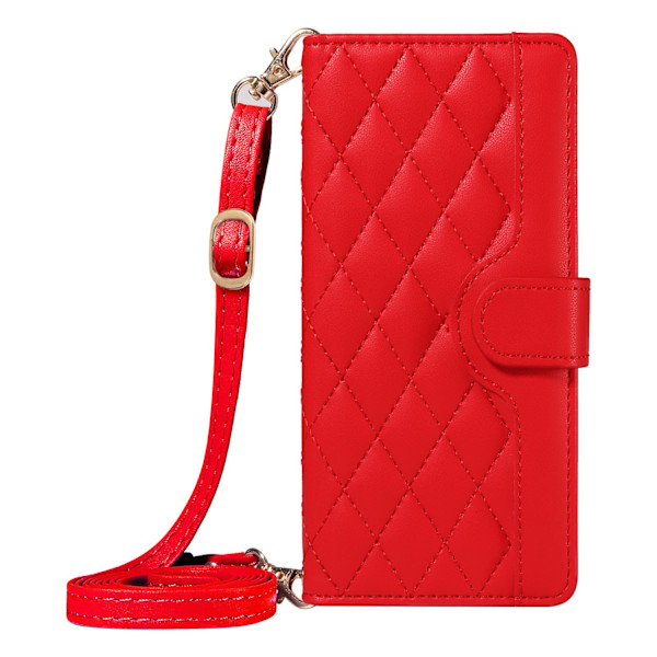 Punainen iPhone 14 -kotelo pitkällä kaulanauhalla, crossbody-korttipidike, yksinkertainen timanttikuvio
