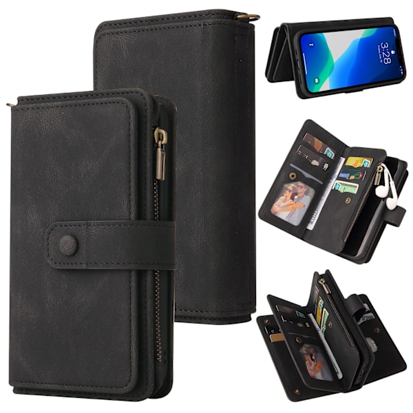 Etui til iPhone iPhone 13pro sort Soft-Touch Lynlås Kort Flip Wallet med Kortholder Reb