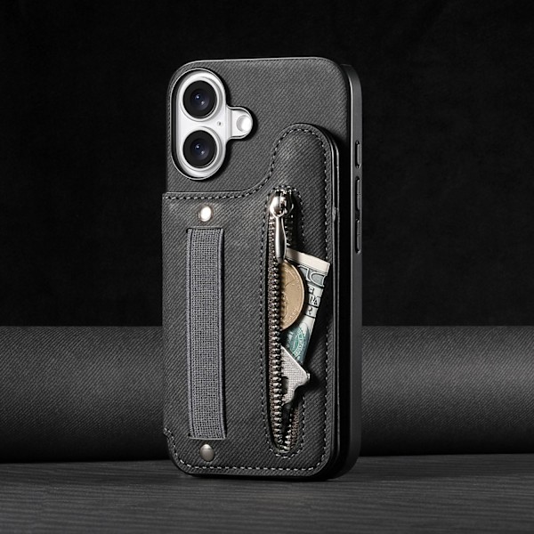 Etui til iPhone 16 E sort læder flip kortholder elastisk snor armbånd