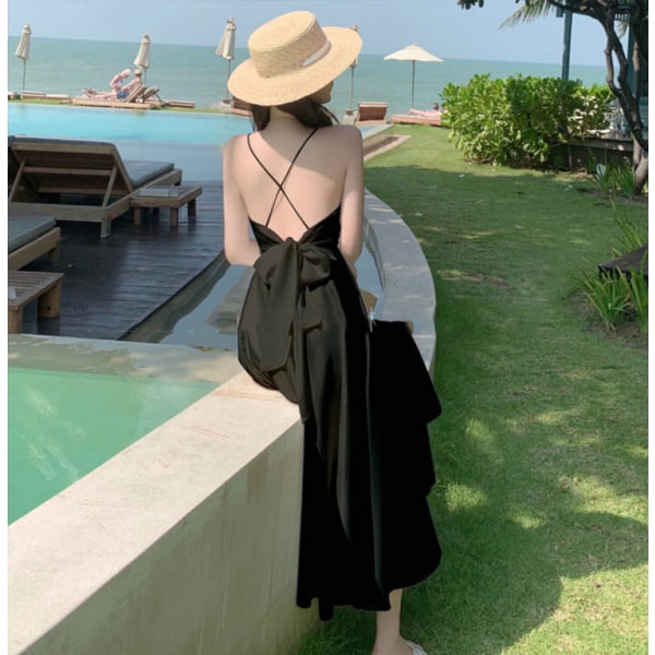 Sling Backless Dress Slimming Beach Dress Black XL