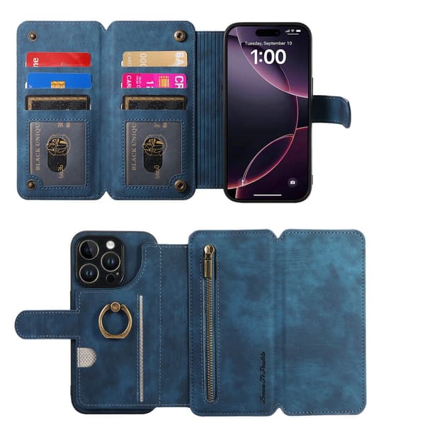 Etui til iPhone 15 Plus blå Ekstra Stor Tri-Fold Flip Business RFID-Blokerende Multi-Wallet med Kortholder