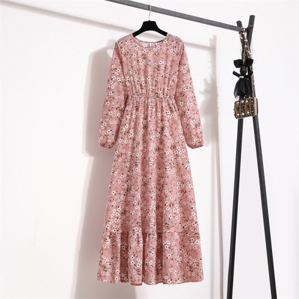 Blommig kjol, söt långärmad chiffongklänning med hög midja för kvinnor No 1 L