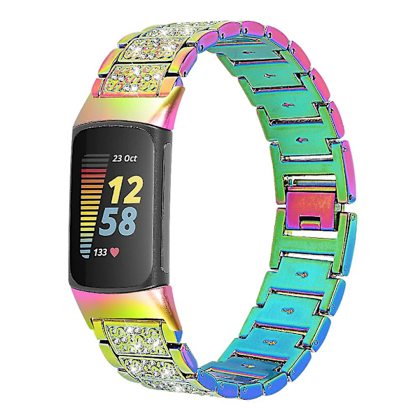 Värikäs timanttikuvioinen ruostumattomasta teräksestä valmistettu ranneke, yhteensopiva Fitbit Charge 5:n kanssa