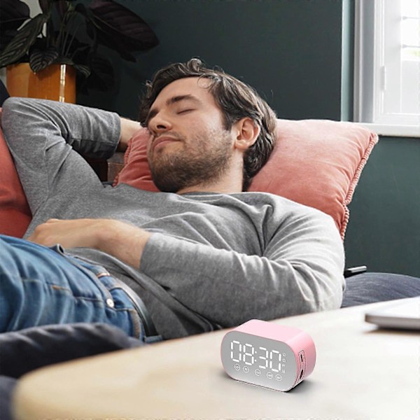 Trådlös Bluetooth-högtalare med FM-radio Mini Portabel Kortspegel Väckarklocka Ljud Dubbla Väckarklockainställningar för Alla Telefoner Heminredning[PB]