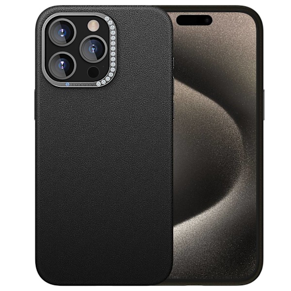 Kotelo iPhone 14plus mustalle timanttilinssille, sileä nahkakuvio, klassinen