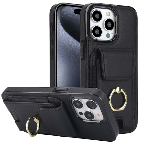 Kotelo iPhone 16 Pro -puhelimelle, musta takakansi lompakko korttipidikkeellä ja renkaalla