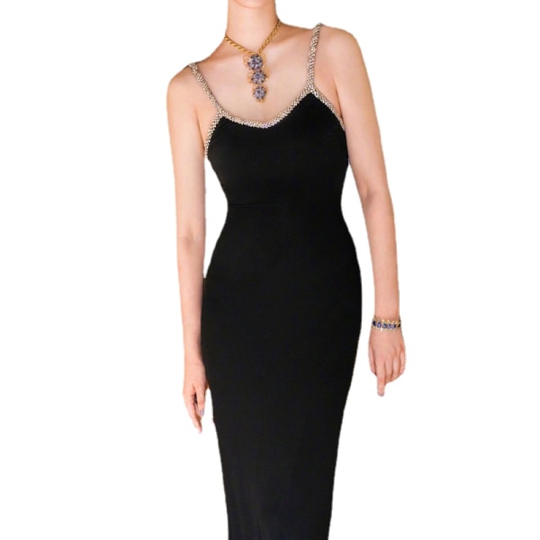 Diamond Shiny Slim-Fit Sexig Suspender Klänning Kvinnor Rygglös Lätt Lyxig högtidlig klänning Black L