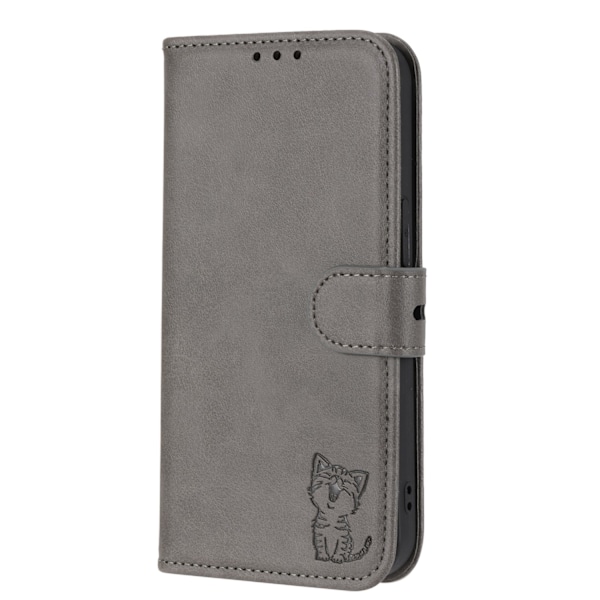 Etui til iPhone 15 6.1 grå Six Generation Kitten Embossed Cartoon Flip Plain