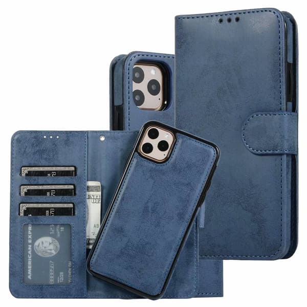 Etui til iPhone 13 Pro Max Mørkeblå 2 i 1 Magnetisk Læder Flip Wallet med Kortholder