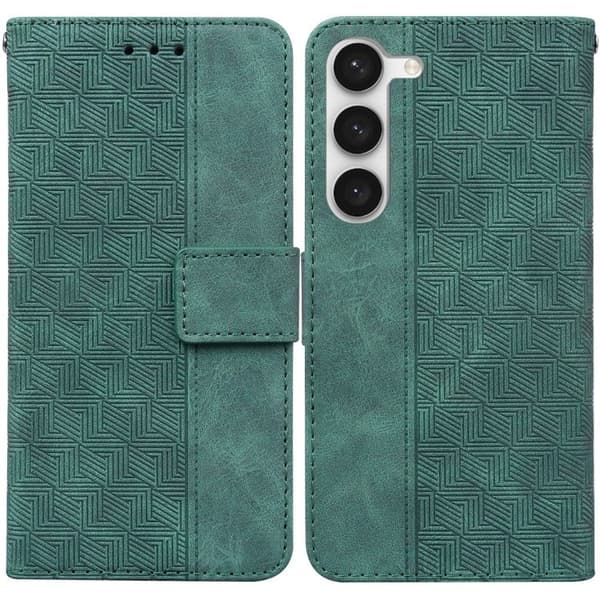 Etui til iPhone 14 PLUS grøn Geometrisk Præget Soft-Touch Mixed Media Wallet med Kortholder Flip