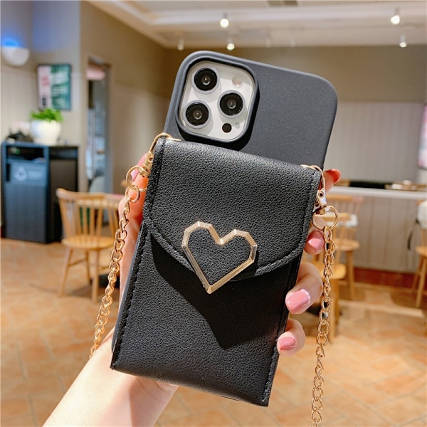 Etui til iPhone 13promax Hjerte pung sort Metalkæde Rem Hjerte Pung med Kortholder læder Tekstureret Kortholder Crossbody Blød