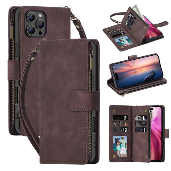 Etui til iPhone 16PRO Brun Soft-Touch multi-kort glidelåspose