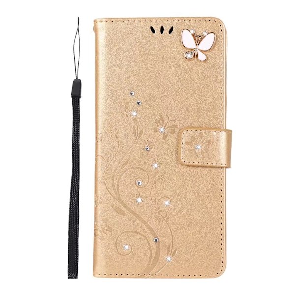 Fodral för iPhone 14 Pro Tyrant Guld Fjäril 3D Präglat Diamantplånbok med Korthållare