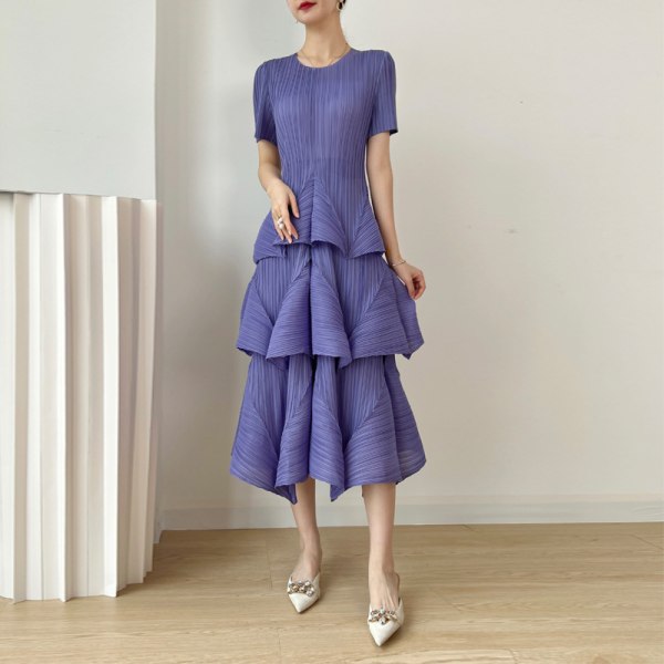 Plisserad Elegant Klänning Fashionabla Lös Bantning Kortärmad Tårtklänning Kvinnor Purple Average size