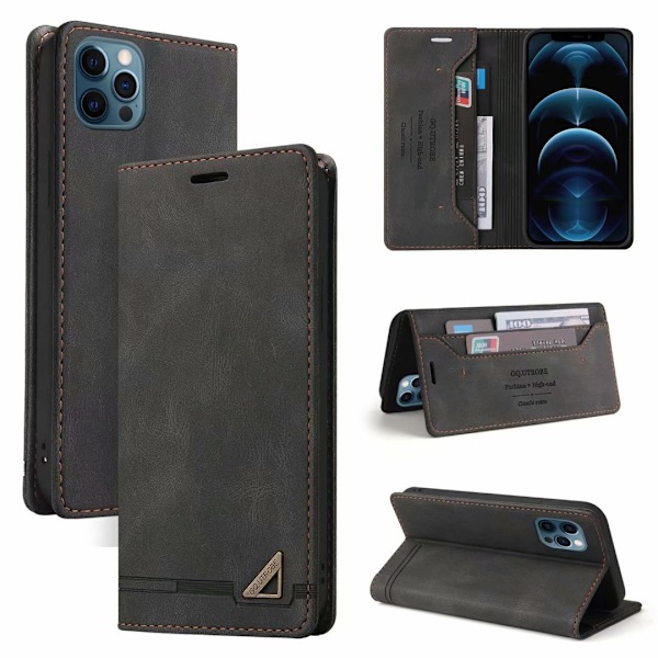 Etui til iPhone 14 Plus sort Soft-Touch Mat Wallet med kortholder Flip