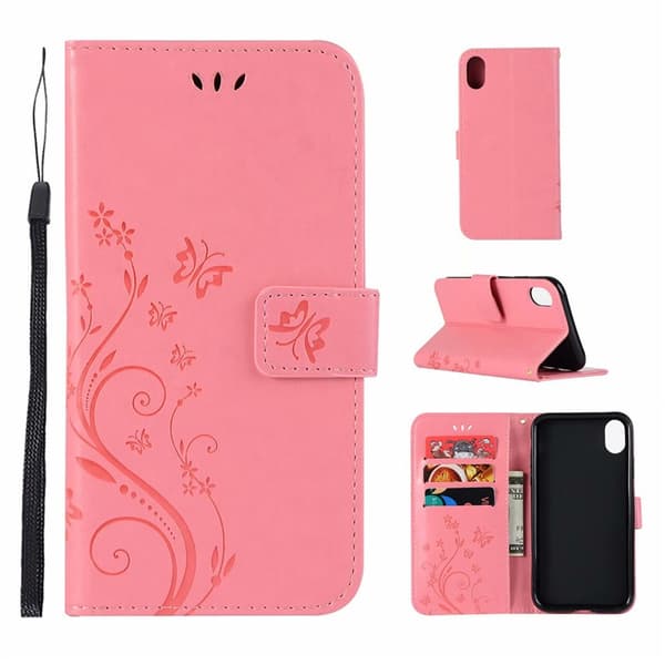 Etui til iPhone 16 Pro pink pung med kortholder flip sommerfugl 3D præget