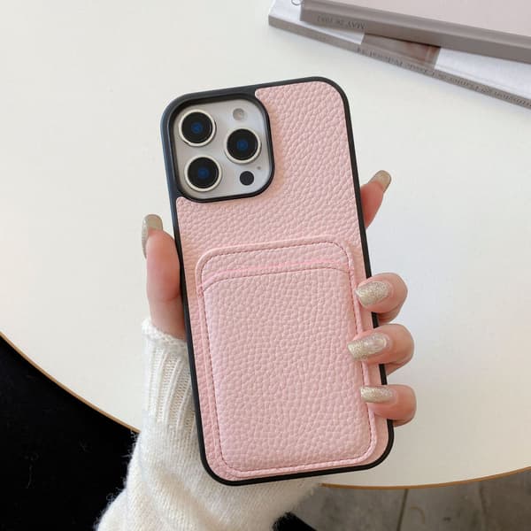 Etui til iPhone 14 Pro, pink lychee-mønster, kort, Pebbled lædertekstur, pung med kortholder
