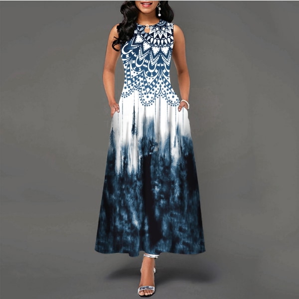 Ärmlös damklänning med blommig print svängklänning Bohemisk retro lång klänning WX-3# L