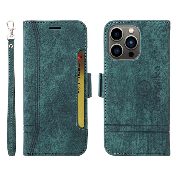 Etui til iPhone 15 Plus grøn Wallet med kortholder Flip Soft-Touch