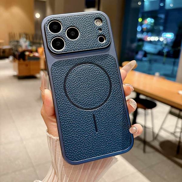 Etui til iPhone 17 Pro Max Magnetisk Lædertekstur Blå Noz35941