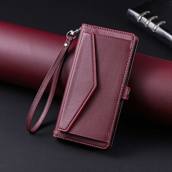 Etui til iPhone 16 Plus Vinrød Lommebok med Kortholder Multi-kort Lommebok med Kortholder Stropp stativ Mote