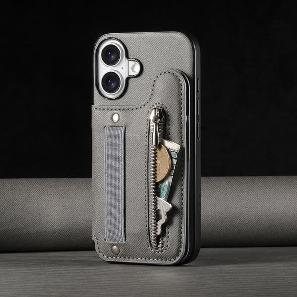 Etui til iPhone 13 Pro grått lær flip-kort holder elastisk snor håndleddsbånd