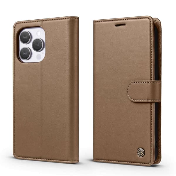 Etui til iPhone 14 brun RFID-blokerende magnetisk pung med kortholder