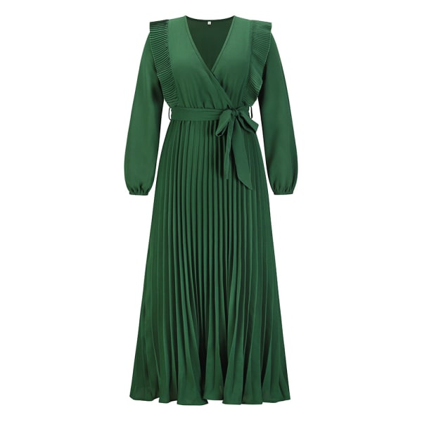 V-ringad långärmad plisserad klänning stil midikjol Green L