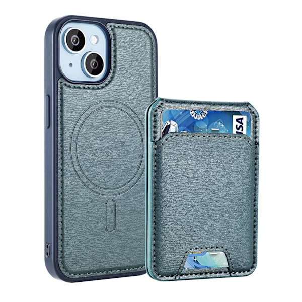 Fodral för iPhone 14plus Grön Magnetisk Korthållare Pebbled Magnetisk Plånbok med Korthållare