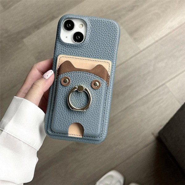 Kotelo iPhone 13 Minille, sininen nahka, söpö karhu, kivikuvioitu