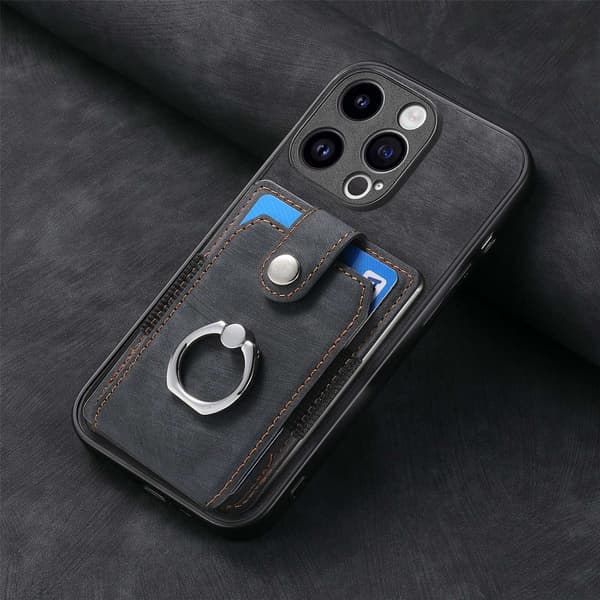 Etui til iPhone 15 Pro Max svart kortholder ensfarget retro maskinvarering bilmagnetisk