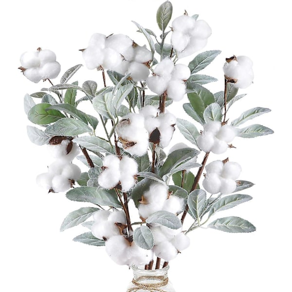 5 st Bomullsstjälkar 60 cm Konstgjorda Bomullsblomgrenar med Lammöronblad för Höst Hem Bondgårdsstil Blommig Bröllopsdekoration
